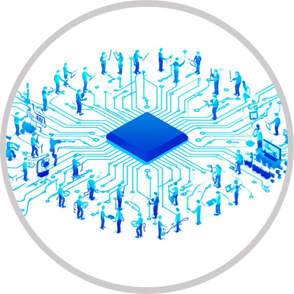 Representación de una red digital conectada por inteligencia artificial con interacción humana
